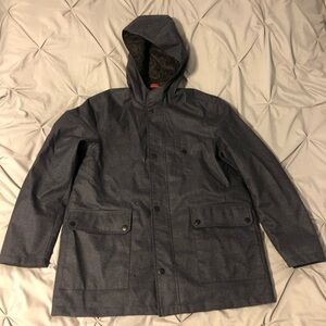 Gorgeous men’s Kenneth Cole dark navy grey hooded jacket. Full zip sz Large EUC